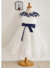 Navy Blue Lace Ivory Satin Organza Classic Wedding Flower Girl Dress 